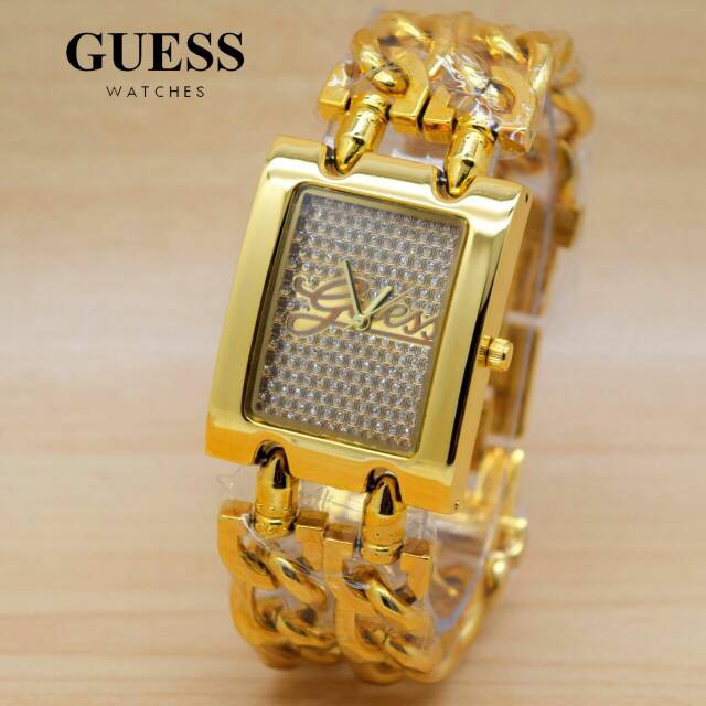 Jam Tangan Wanita / Cewek Guess Double Rantai Plat Permata Gold