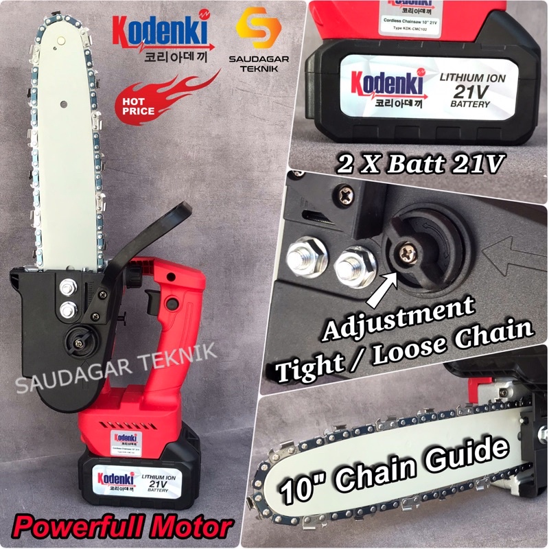 Chainsaw Cordless 21V 10 Inch Kodenki Mesin Chain Saw Gergaji Potong Kayu Pohon Baterai Batre Portable