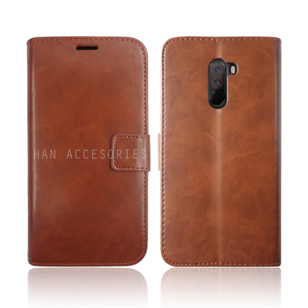 (PAKET HEMAT) Fashion Selular Flip Leather Case POCOPHONE F1 Flip Cover Wallet Case Flip Case + Nero Temperred Glass