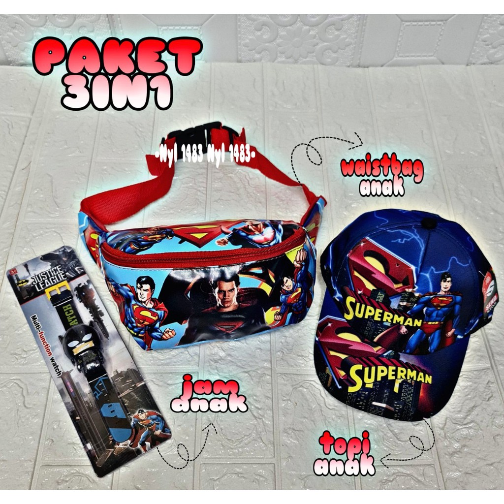 3 in 1 Paket Hemat Anak Waistbag anak karakter_topi anak_jam tangan anak Superman poto Realpict