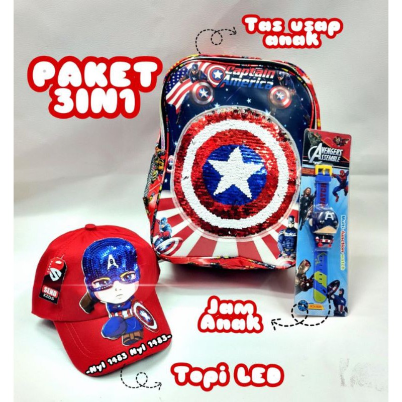 Tas ransel anak usap 2 gambar karakter superhero gratis topi jam tangan - Tas anak