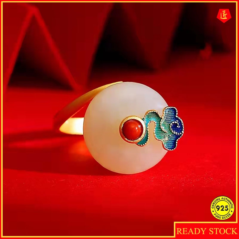 Cincin Enamel Desain Xiangyun Jade Hetian Gaya China Retro Untuk Wanita