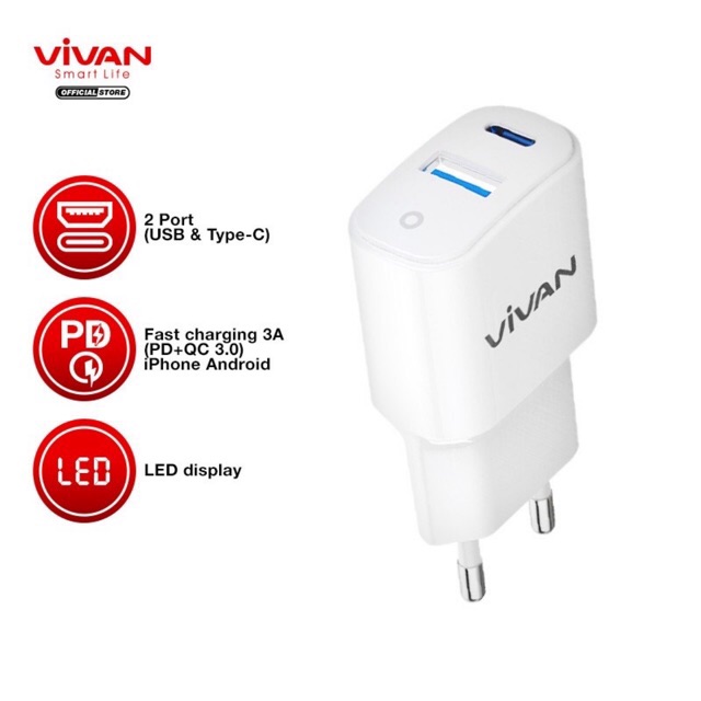 ORIGINAL BATOK Charger VIVAN Dual Port USB (QC3.0) &amp; Type-C (PD) Fast Charging 3A 18W Garansi 1 Tahun Power Super II POWERSUPER 2