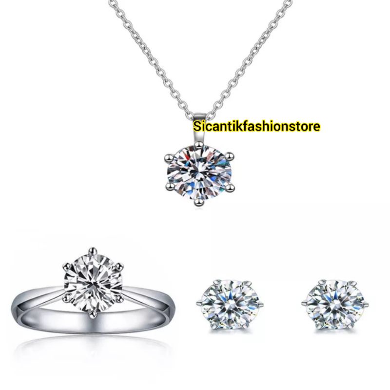 PERHIASAN SET FASHION WANITA KALUNG LIONTIN PERAK SILVER 925 LAPIS EMAS PUTIH Kalung Titanium Silver  45CM Liontin Bulat Silver Fashion Wanita Terlaris Anti Karat Tidak Luntur