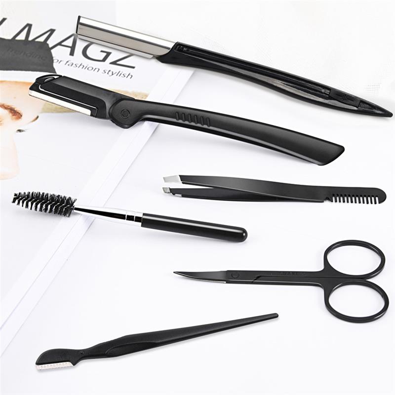 Sevich 6pcs Set Pinset Gunting Pemangkasan Alis Portabel Bahan Stainless Steel Warna Hitam Untuk Makeup 6pcs