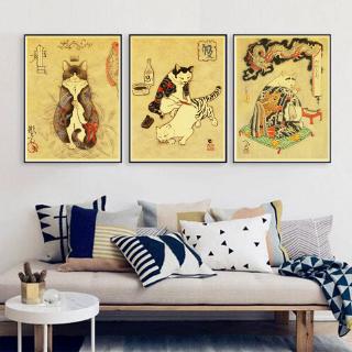 Poster Lukisan  Dinding Desain Tato Kucing Samurai  Jepang 