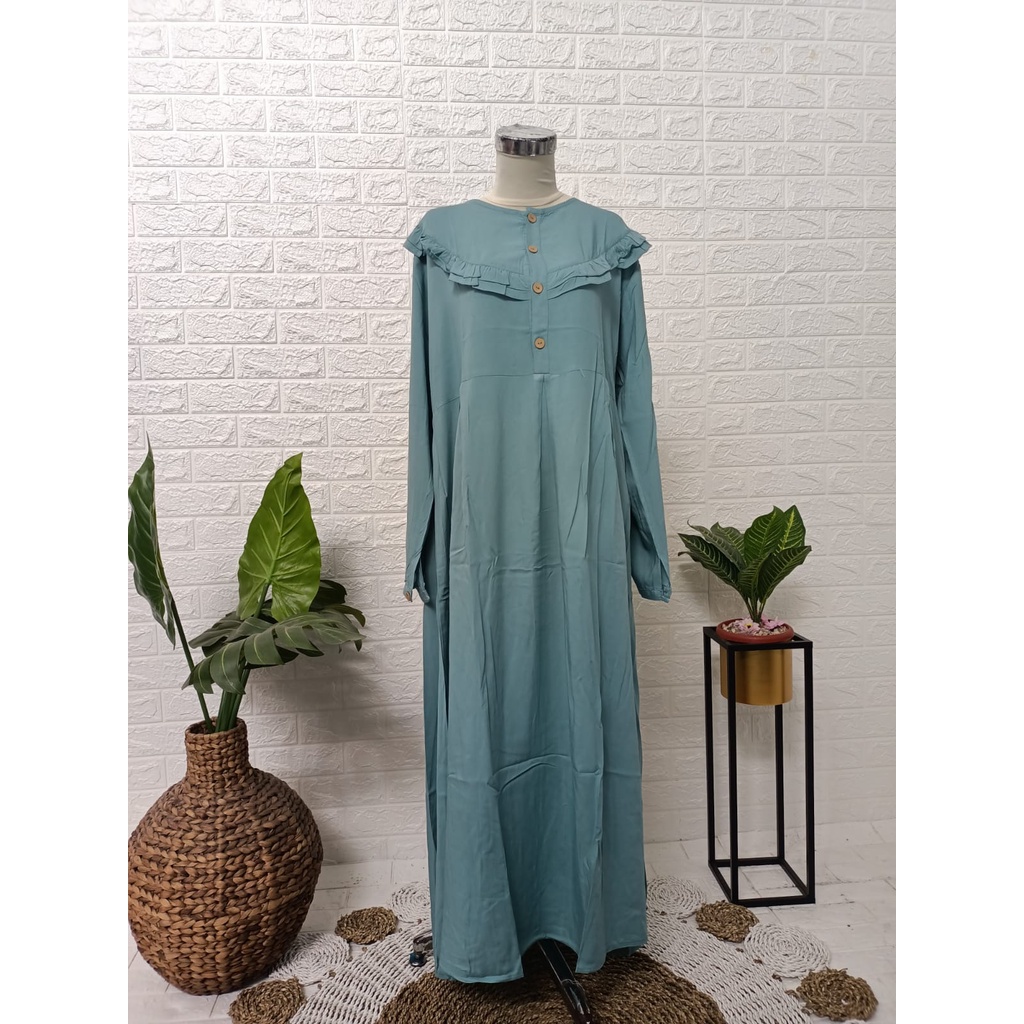 Gamis Ruffle Long Dress - Gamis Ruffle Baru - Gamis Ruffle Kancing Depan - Dress Gamis Terbaru Kekinian - Gamis Ruffle Kekinian - Gamis Busui Terbaru - Gamis Ruffle Polos Rayon Halus