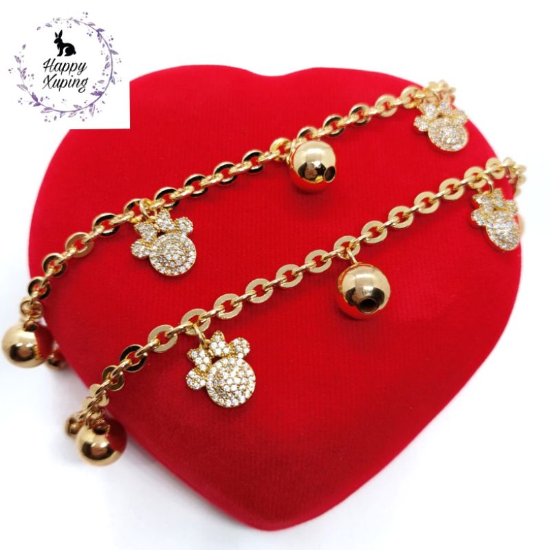 GELANG XUPING ASLI TITANIUM FASHION KOREA LAPIS-EMAS MODEL RANTAI GANTUNGAN BOLA, BULAT MATA DESI + 