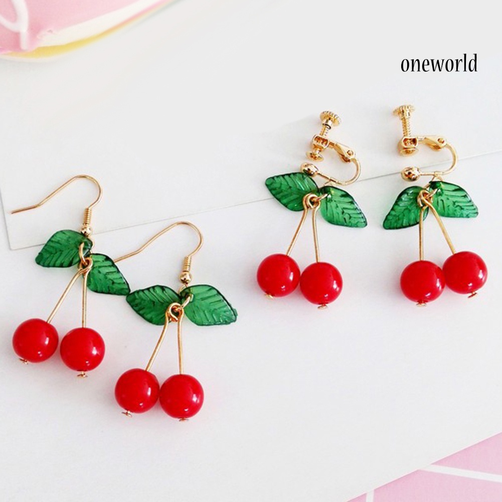 OW@ Sweet Fruit Green Leaf Red Cherry Dangle Women Ear Hook Clip Earrings Jewelry