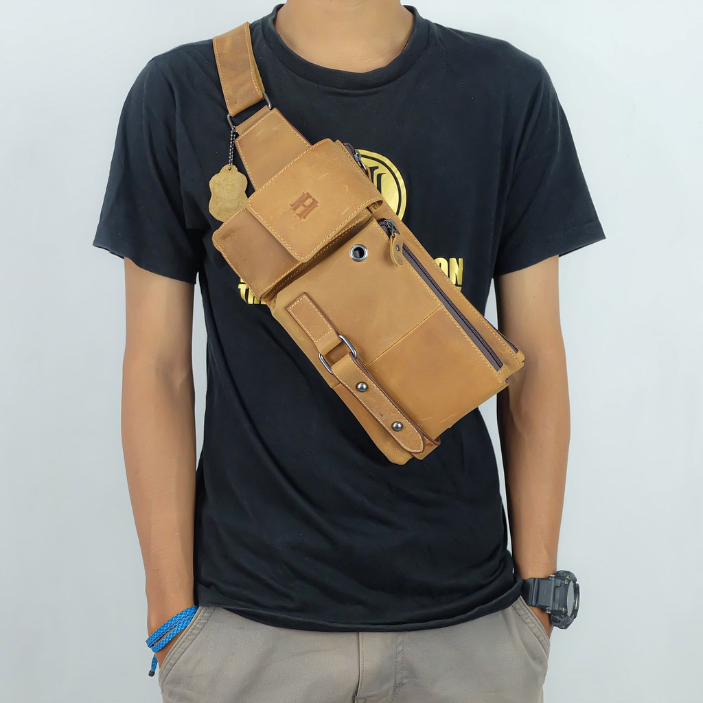 [HAHA] Sling bag HALETH kulit tas selempang dada slingbag waistbag Kulit sapi asli Cowok  Pria Laki