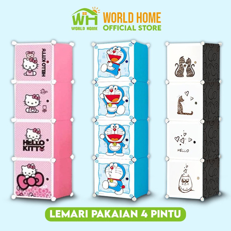 Lemari Pakaian 4 Pintu Serbaguna Lemari Plastik Portable Motif Karakter Rak Serbaguna