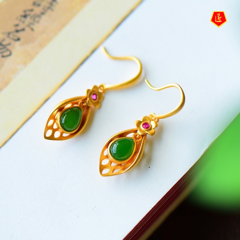 [Ready Stock]Hetian Jade Gold Vintage Earrings Women's Chinese Style