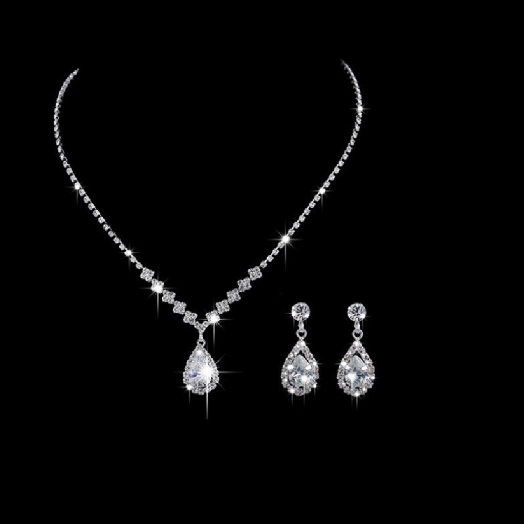 (whitebright3.id) Set Kalung + Anting Tusuk Gantung Bentuk Tetesan Air Aksen Kristal Imitasi Untuk Wanita