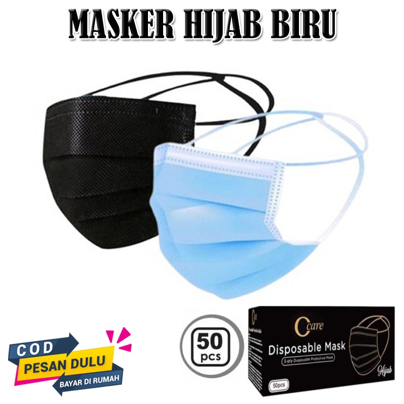 1Box Isi 50Pcs Masker Hijab Headloop Masker C Care Black Mask / Biru Disposable Mask Non Surgical