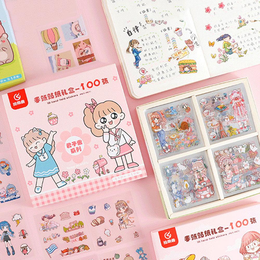 Agustina Stiker PET Lucu Set Kawaii 100lembar Karakter Kartun DIY Scrapbooking Packing Dekorasi Minuman Makanan Hewan Perempuan Pola Paper Decals