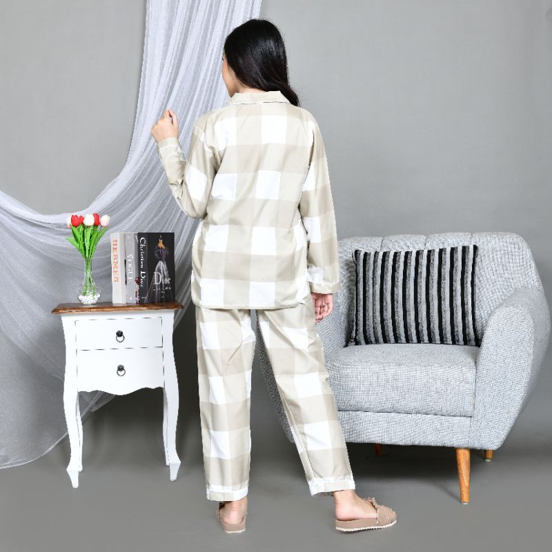 Baju Tidur Piyama Wanita/Cewek Pajamas Dewasa Katun Motif Kotak Emily PP Lengan Panjang Kekinian