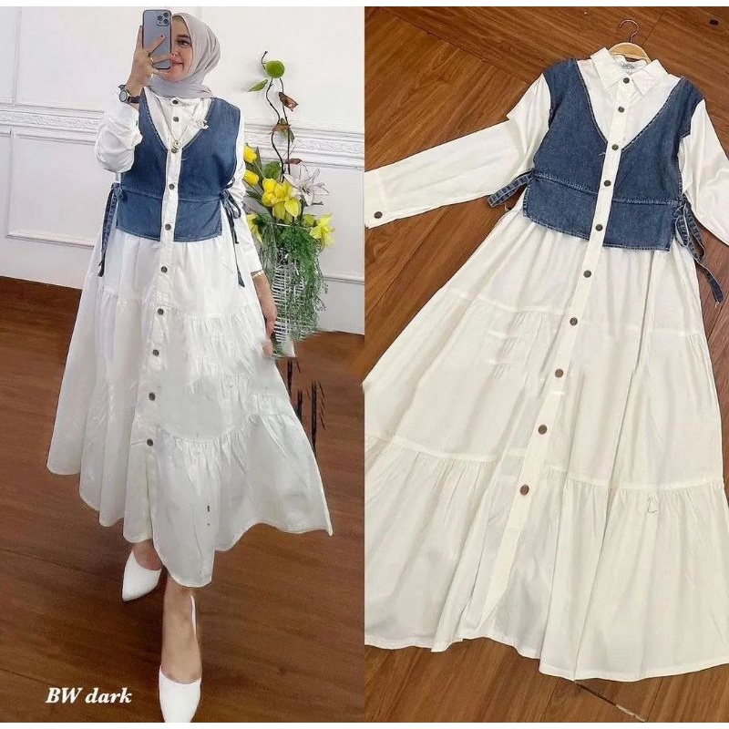 Mayra Dress Wanita Terbaru 2023 Plus Rompi / Dress Muslim Wanita Kekinian Bahan Katun Rayon Mix Jean