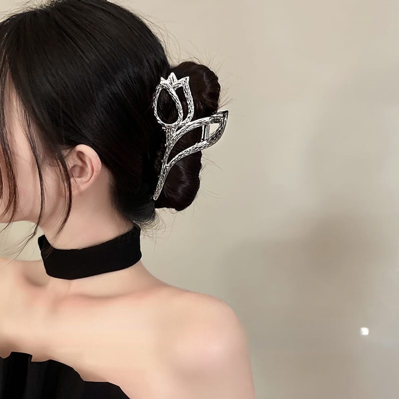 PREMIUM Jepit Rambut Korea Bahan Alloy 12CM Motif Bunga Tulip - Jedai Logam Jumbo - Korean Metal Hair Claw Clip