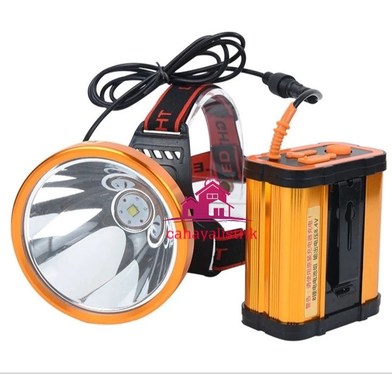 Senter Kepala super terang / 50 Watt + 30 Watt Head Lamp + Aki Power Bank,Nyala KUNING Atau Putih