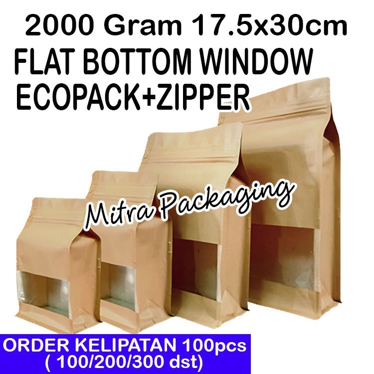 

KPACK Kemasan Kopi 1kg/Flat Bottom Ecopack Window 2000+Ziplock/Snack/Usus goreng/camilan