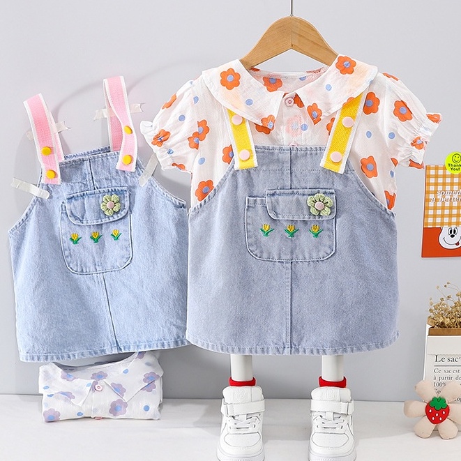 Baju Set 2pcs Overall Jeans ABEL Pakaian Anak Perempuan Balita Korean Style Import