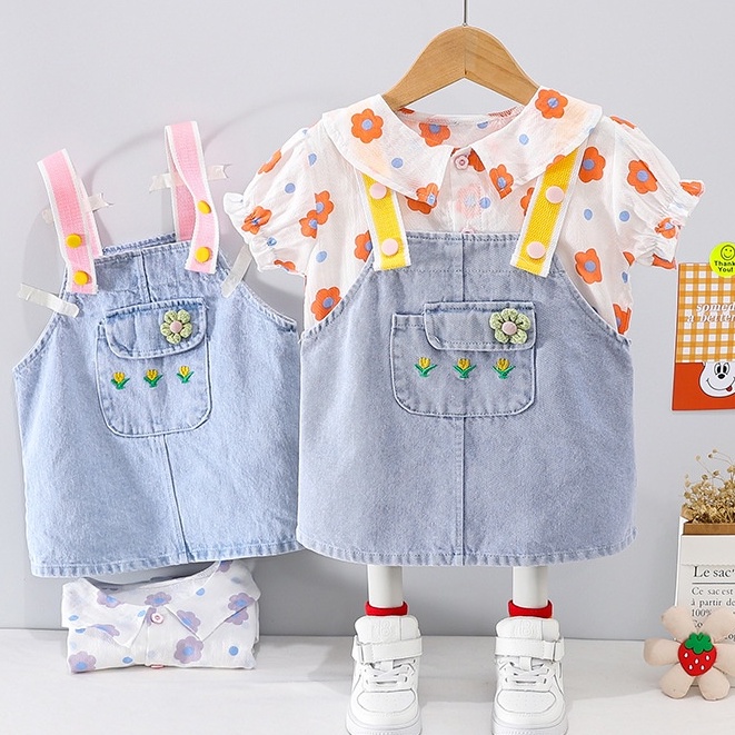 Baju Set 2pcs Overall Jeans ABEL Pakaian Anak Perempuan Balita Korean Style Import