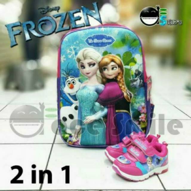 TAS SET 2IN1 ANAK FROZEN & SEPATU ANAK FROZEN LAMPU IMPORT..