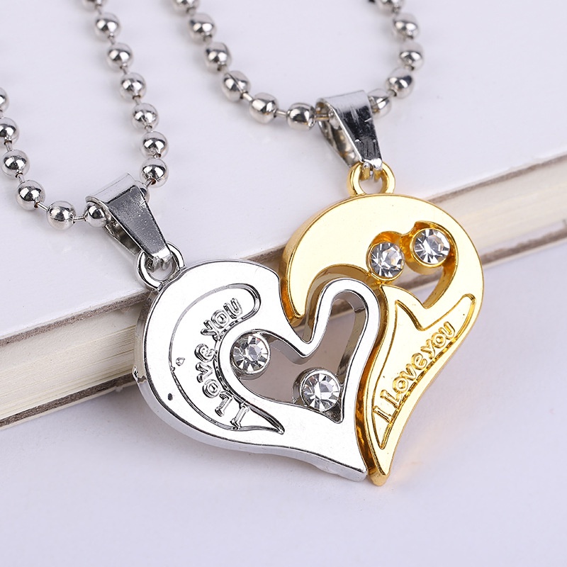 2pcs Kalung Rantai Liontin Hati hollow Motif Huruf I Love you Untuk Pasangan / Pria / Wanita