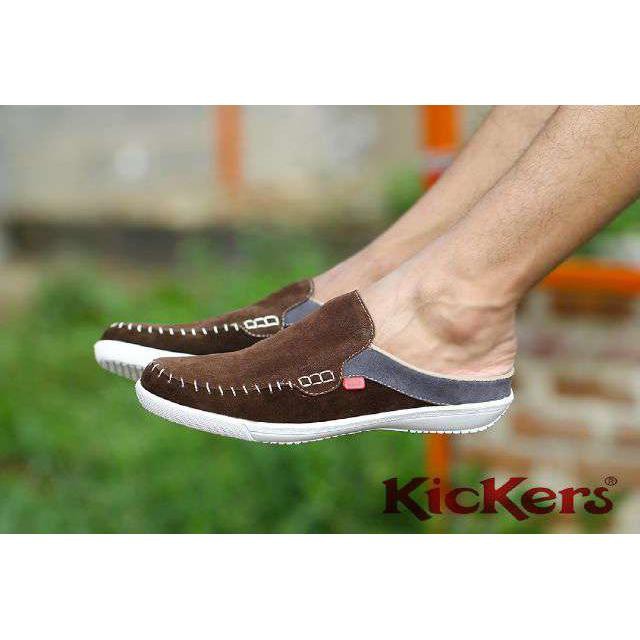 Sepatu Pria Kickers Stiching Bustong Coklat Suede Slop Tutong Kasual Santai Selop Fashion Laki Murah