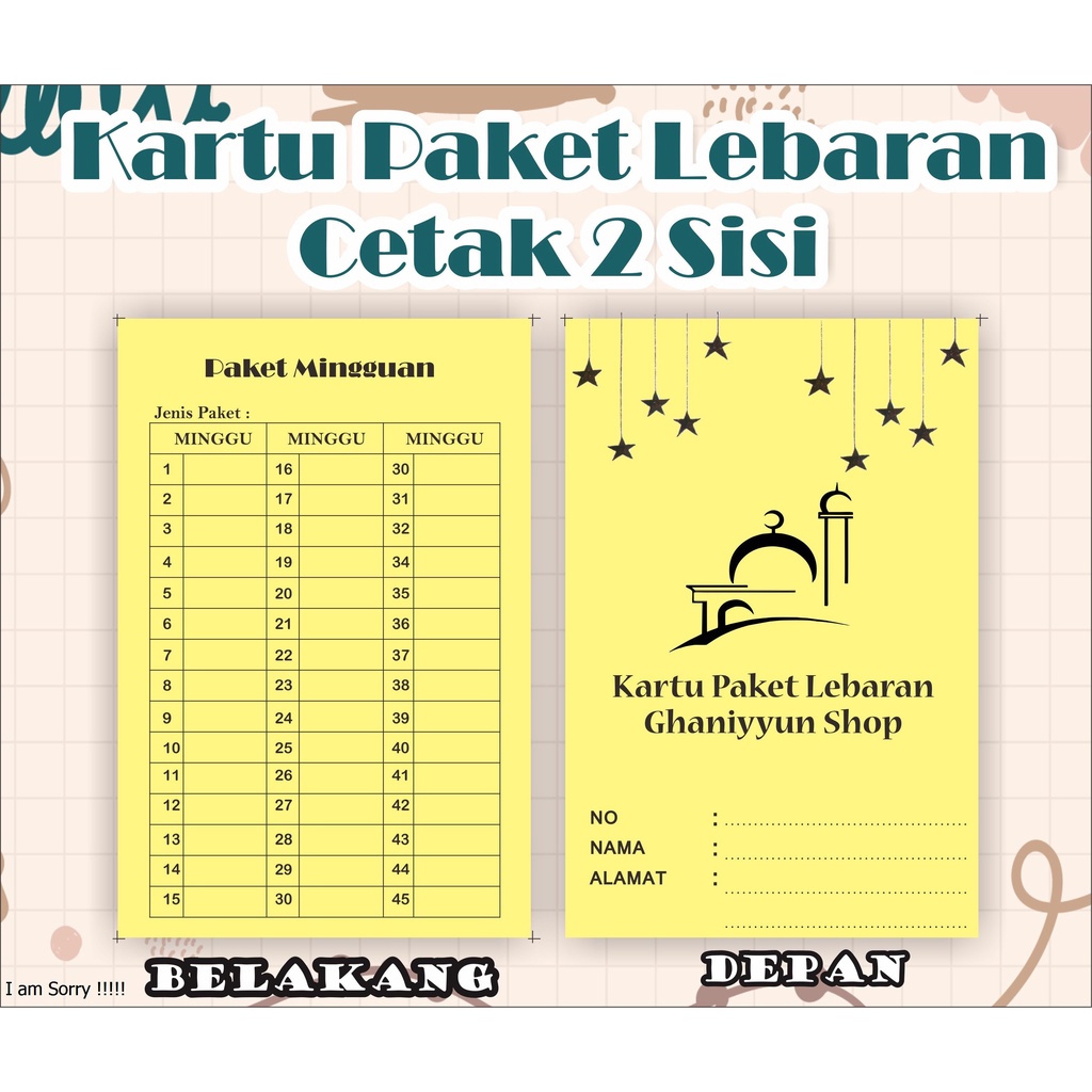 

kartu paket lebaran/aseptor/iuran/kartu paket tabungan/kartu SPP bisa custom
