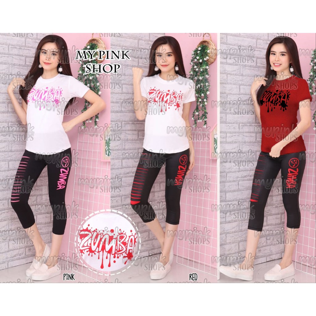 Stelan Baju Senam Zumba Glamour DasarPutih / DasarMerah Zumba