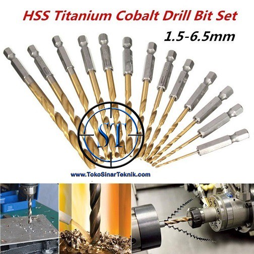 13 Pcs Mata Bor Drill Bit Set Quick Change Hex HSS Titanium Coated Plated 1.5-6.5mm 1/4&quot; Ulir Shank Hexagonal Handle Set 13 Buah