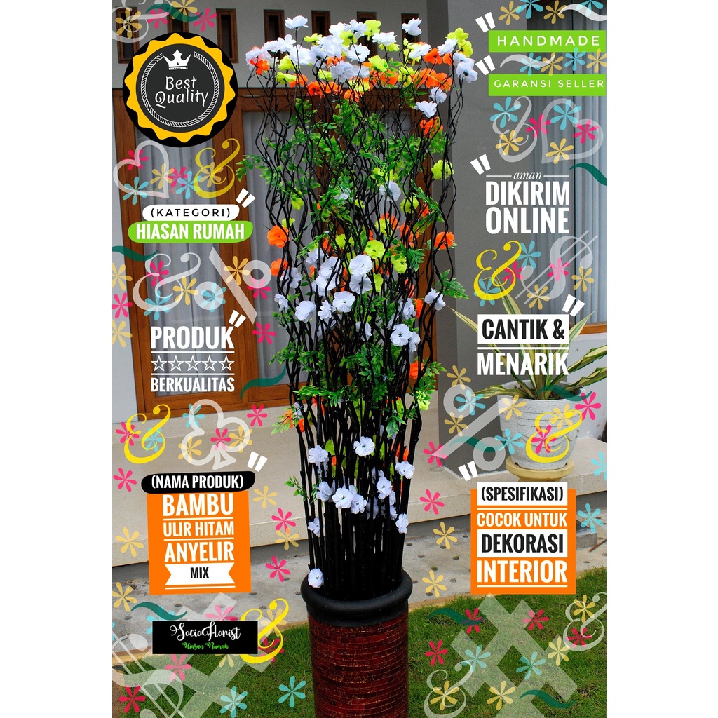 bunga bambu ulir 10 Btg Bambu Ulir Hitam Anyelir Mix 190cm (Tanpa Pot)