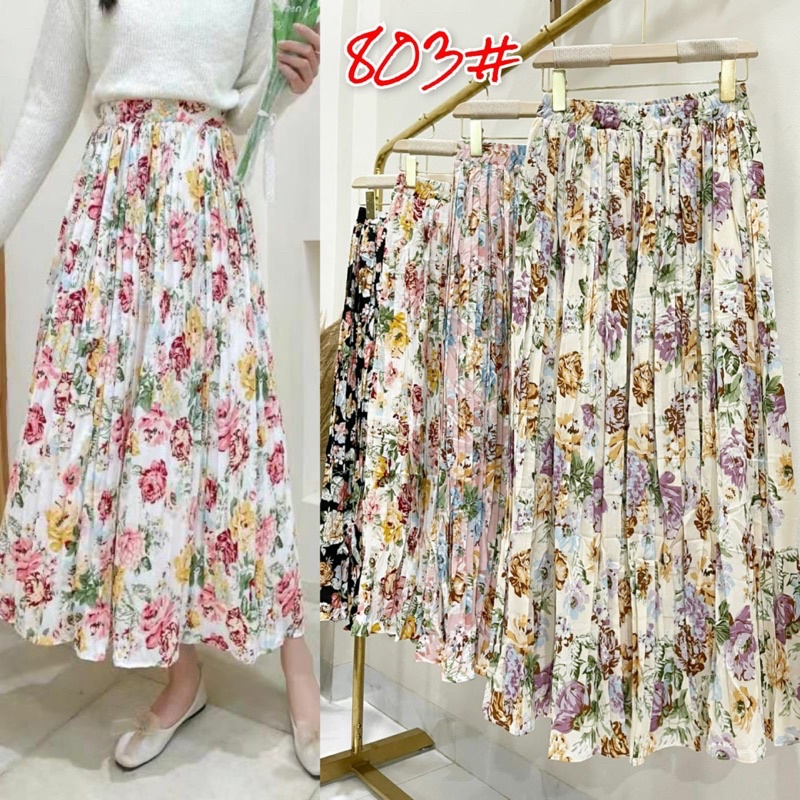 Korean Chiffon Flower Pleated Long Skirt Premium ( Rok Sifon Korea Prisket Panjang )