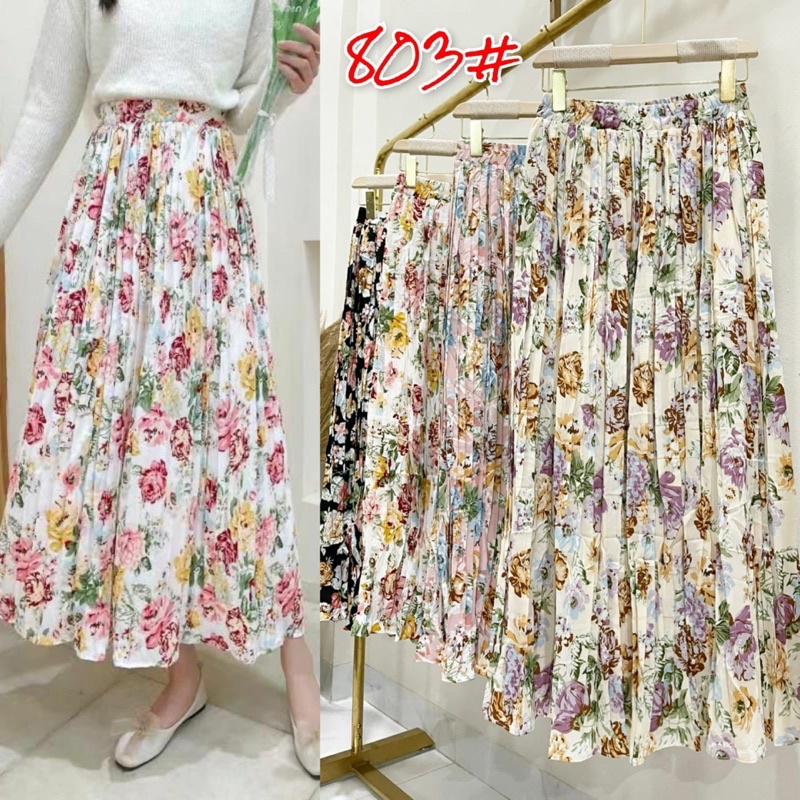 Korean Chiffon Flower Pleated Long Skirt Import Premium ( Rok Sifon Korea Prisket Panjang )