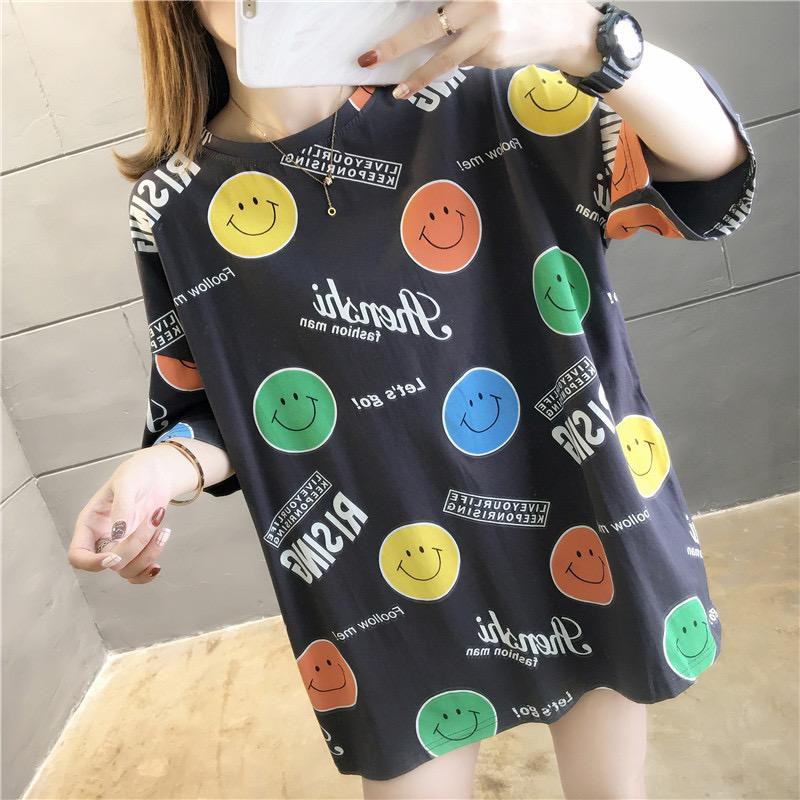 Oversize Tee Tshirt Wanita   Model Longgar Motif Smile Bulat
