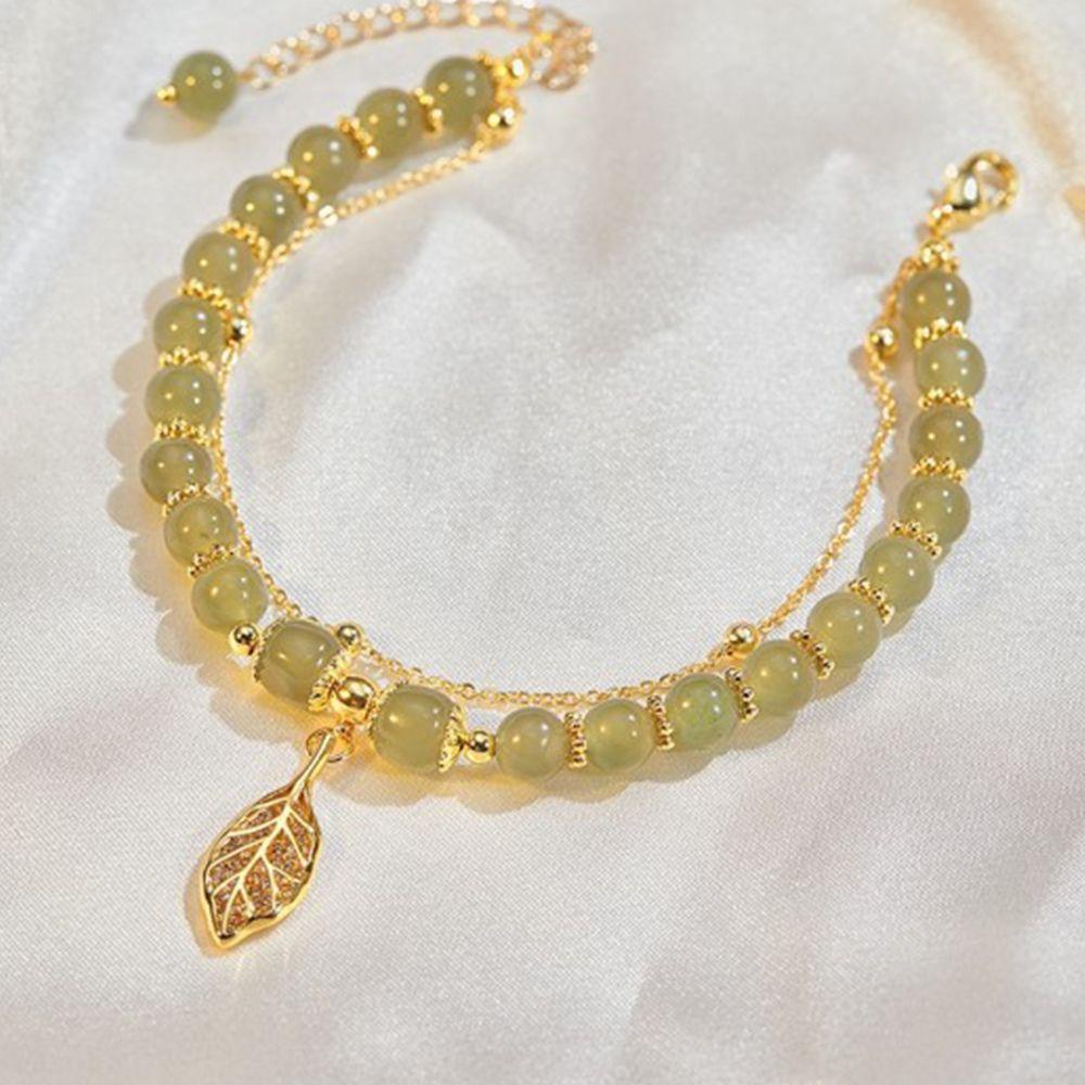 NEEDWAY Gelang Giok Handmade Perhiasan Hadiah Pacar Aksesoris Pakaian Manik Giok Aprikot Daun Alloy Gaya Korea Bracelet