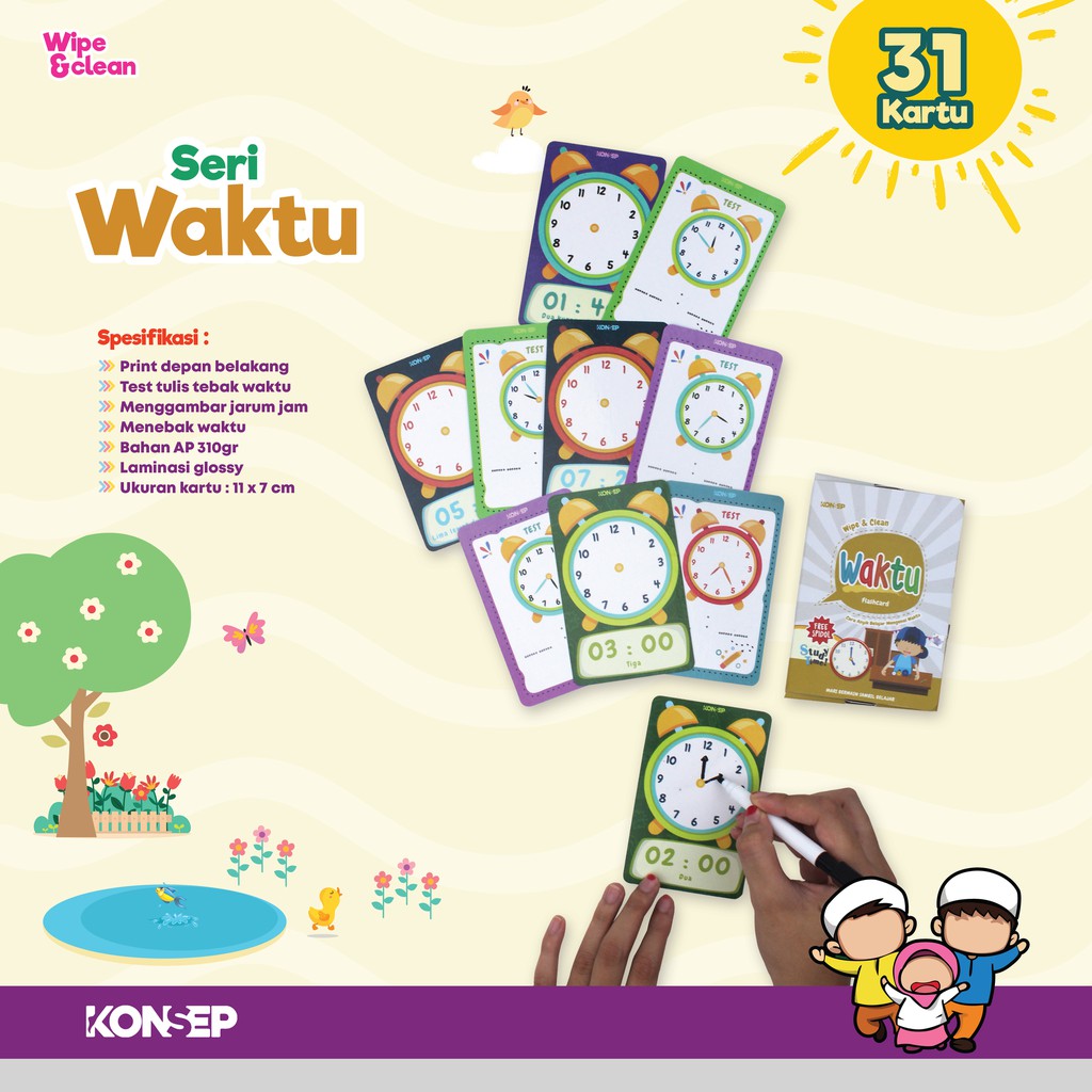 [FREE SPIDOL] Konsep Flashcard Wipe and Clean Waktu / Flash Card / Mainan Edukasi