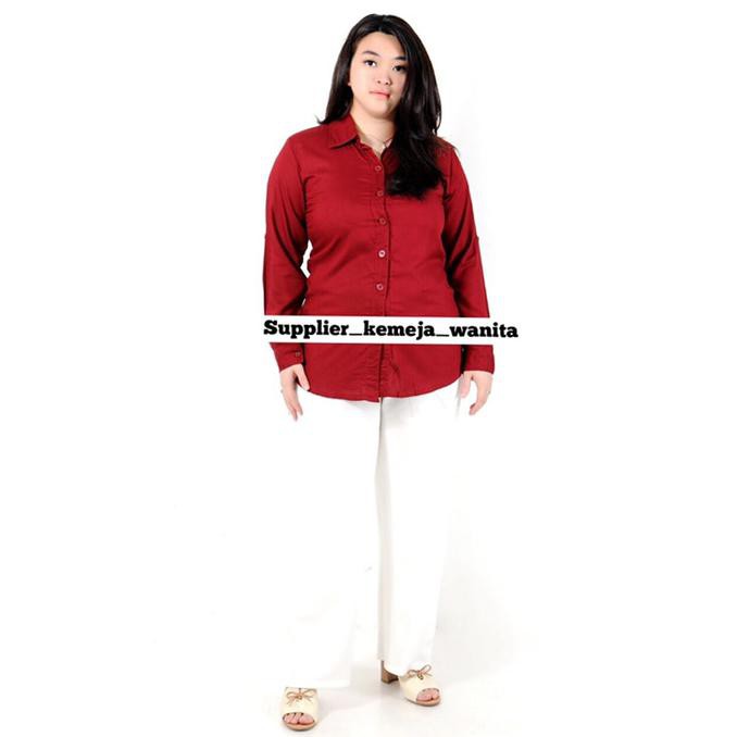 Barang Berkualitas Atasan Kemeja Wanita Rayon Basic Polos Warna Merah Maroon Ukuran XL MURAH