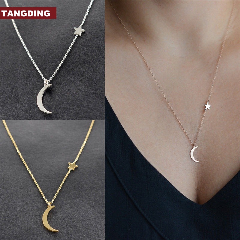 【COD Tangding】Moon Star Pendant Choker Necklace Gold Silver Long Chain Women's Jewelry