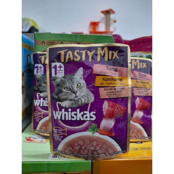 (Isi 24pcs) Whiskas Tasty Mix 70g Rasa Tuna Canikama Carrot Gravy