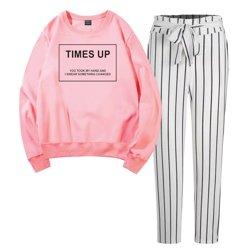 BESS - Baju Setelan Wanita Murah / Setelan Sweater + Celana Salur Putih - TIMES UP