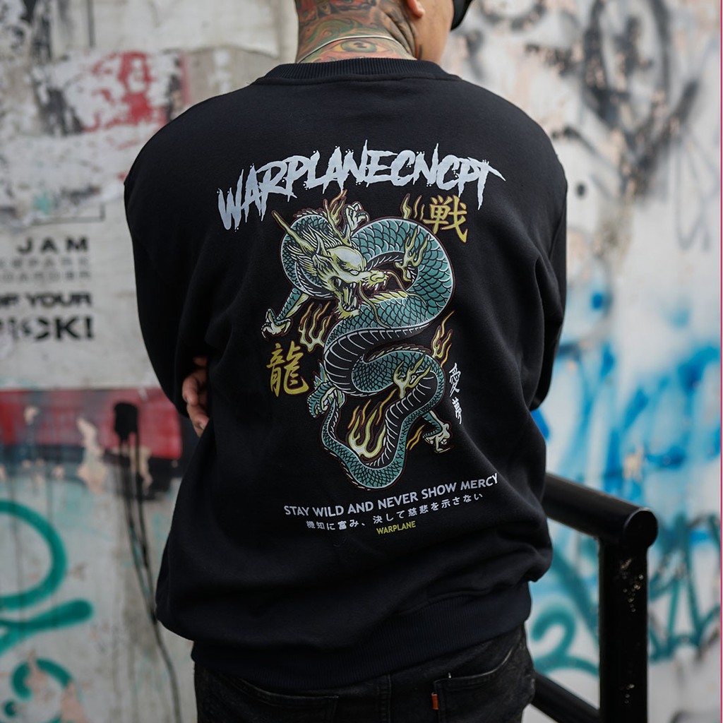Warplane Crewneck Dragon Black/ Sweatshirt Wrpln / Baju Atasan Pria/Switer Dewasa Warplane
