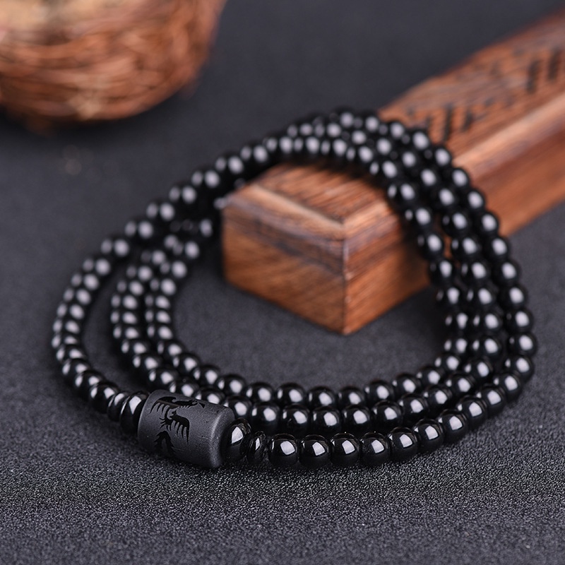 Men Women Natural Black Dragon Pattern Round Frosted Obsidian Beads Bracelet Yoga Jewelry