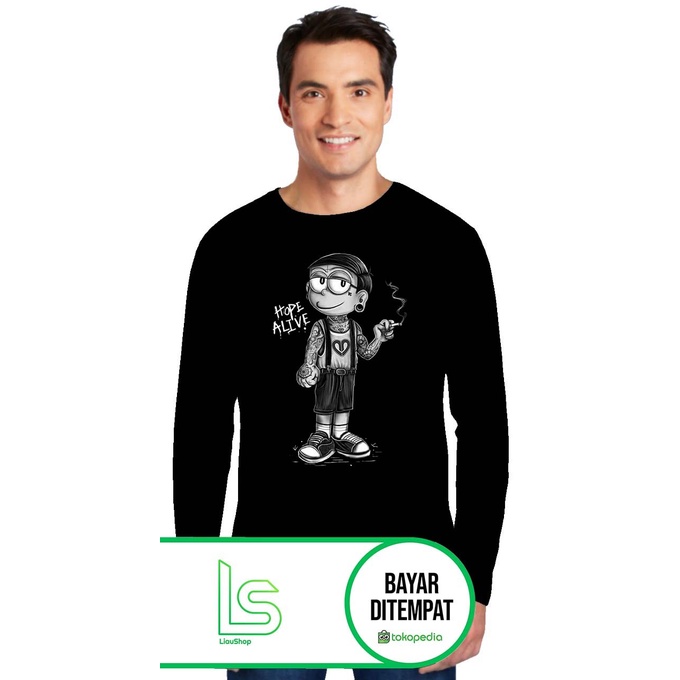 Kaos Pria NOBITA Lengan Panjang, T-shirt Distro Baju Distro Pria - Hitam, M