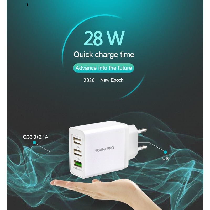 YOUNGPRO YPC03 28W 3 Port Quick Charge QC 3.0 Fast Charging