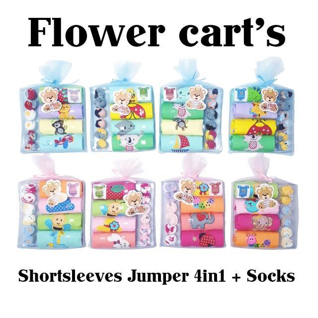 JUMPER LENGAN PENDEK ISI 4PCS + KAOS KAKI 3PASANG FLOWER CART'S  SNI GIFTPACK HADIAH LAHIRAN