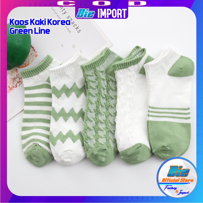 Kaos Kaki Korea Wanita Motif Green Line Impor Best Seller