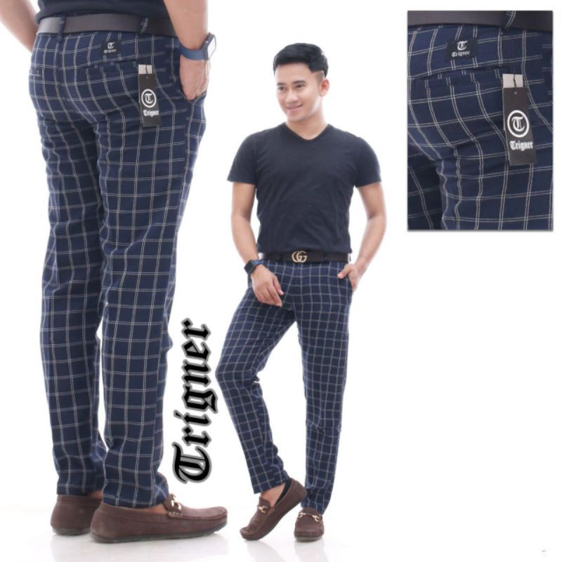 CELANA CHINO TARTAN PRIA ANKLE PANTS MOTIF KOTAK-KOTAK PANJANG COWOK SALUR MODEL SLIMFIT