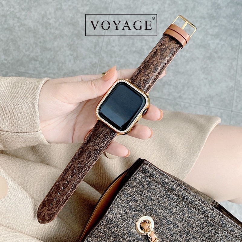 Tali Jam Tangan Leather kulit aksesoris strap apple watch iwatch 7 6 4 5 3 40mm 44mm 41mm 45mm Fashion Mk motif logo Kors Michael wanita perempuan